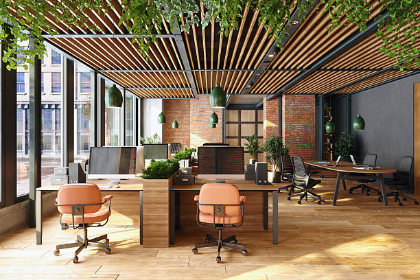 Contemporary office interior with warm earthy paint tones and wood accents by a commercial painter in Orlando, FL