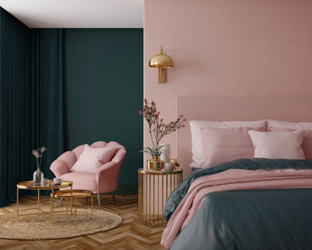 Blush pink walls with deep navy accent walls by a house painter in Windermere, FL