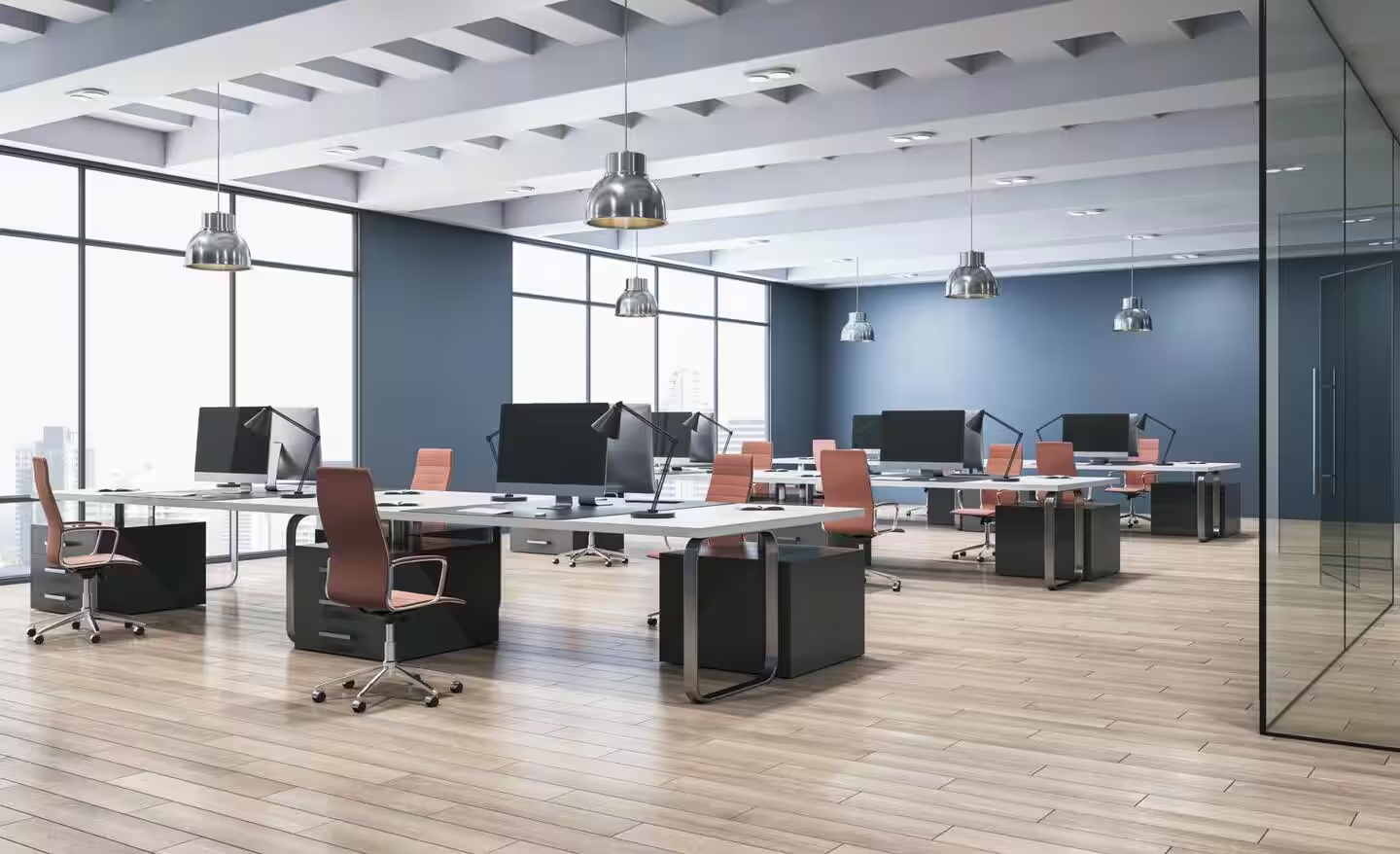 Office interior with soft gray walls and crisp white trim by a painting company in Oviedo, FL