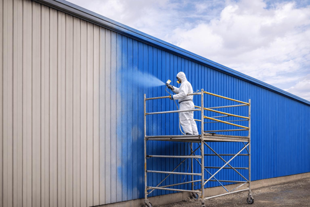 Industrial painter applying a protective blue coating to an exterior during industrial painting in Winter Garden, FL.