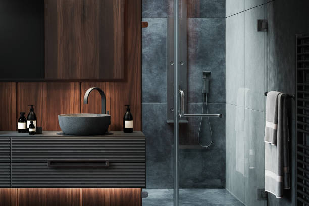 Bathroom with charcoal gray painted walls and coordinated trim by an interior painter in Apopka, FL.